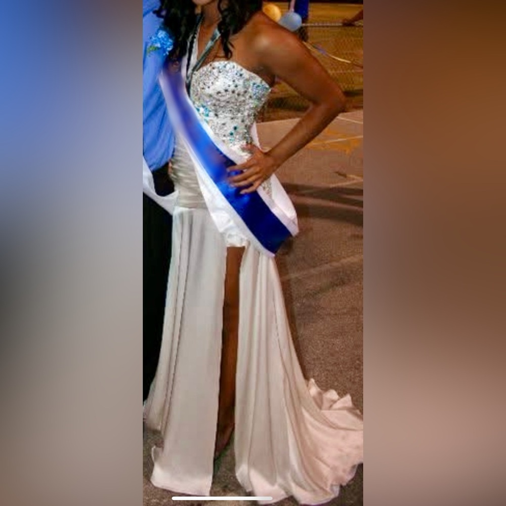 Sherri Hill Elegant White Pageant Gown w/ Large Blue & Clear Rhinestones - Picture 15 of 17